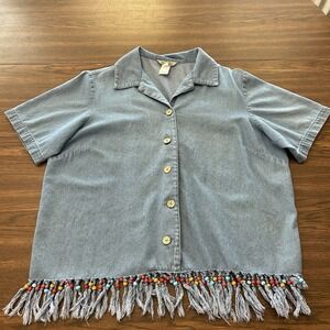 Stonebridge 1X Chambray Denim Beaded Fringe Hem Shirt Festival Western Plus